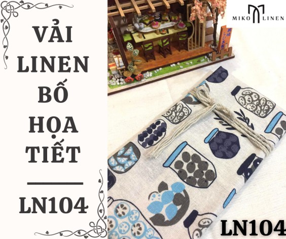 Vải linen bố họa tiết chai lọ tone xanh - LN104