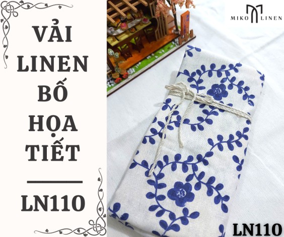 Vải linen bố họa tiết hoa mai xanh - LN110