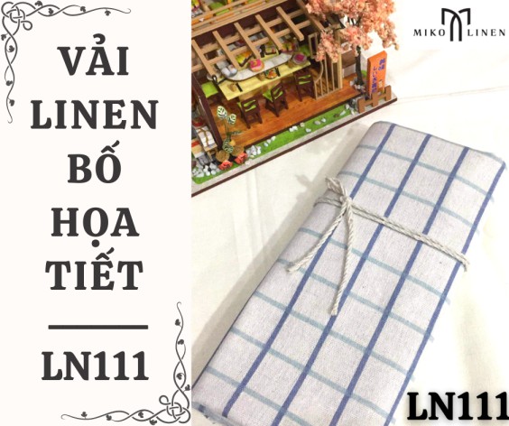 Vải linen bố họa tiết caro viền xanh biển - LN111