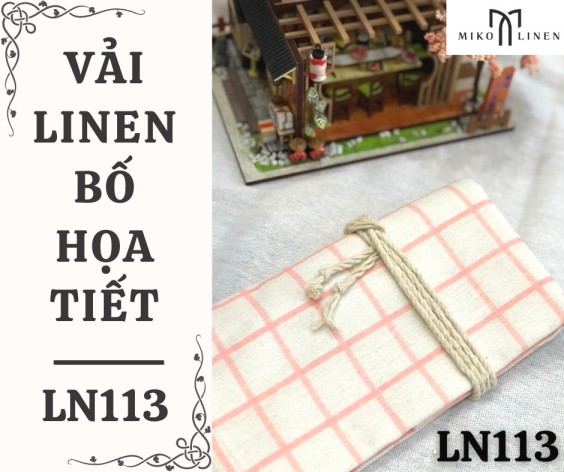 Vải linen họa tiết caro viền hồng - LN113