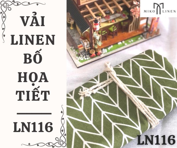 Vải linen bố họa tiết sọc xương cá xanh rêu - LN116