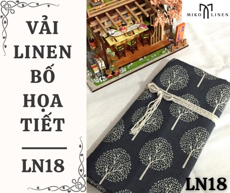 Vải linen bố họa tiết cây tròn nền xanh đen - LN18