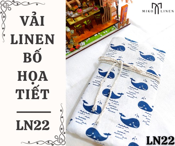 Vải linen bố họa tiết cá voi xanh nền trắng - LN22