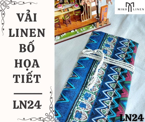 Vải linen bố họa tiết thổ cẩm xanh phong cách Bohemian - LN24