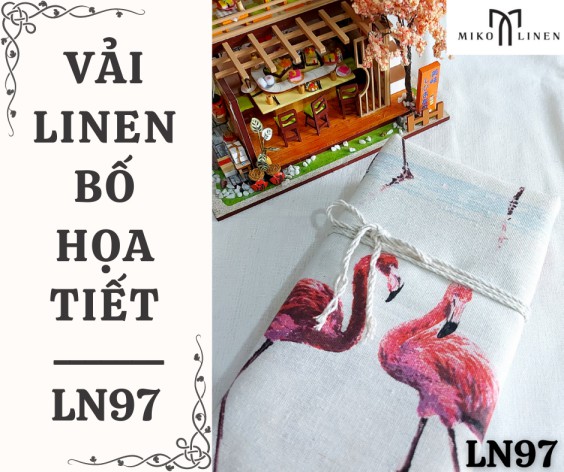 Vải linen bố họa tiết hồng hạc đôi - LN97