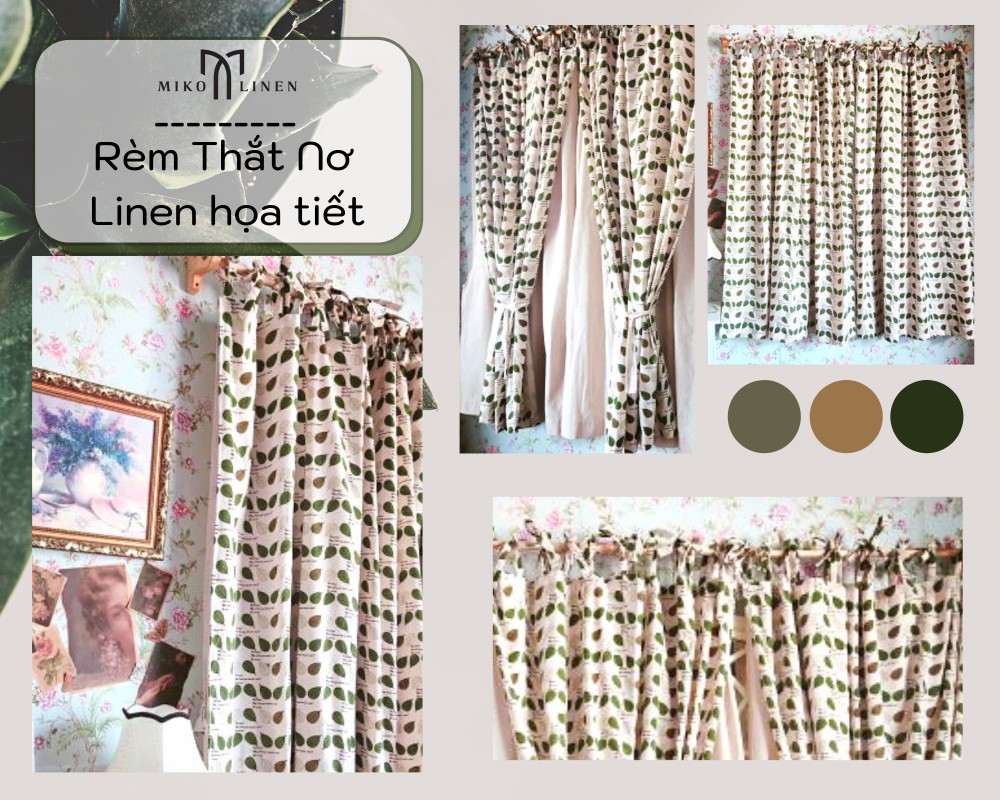 Rèm thắt dây nơ vải Linen bố họa tiết - LN44