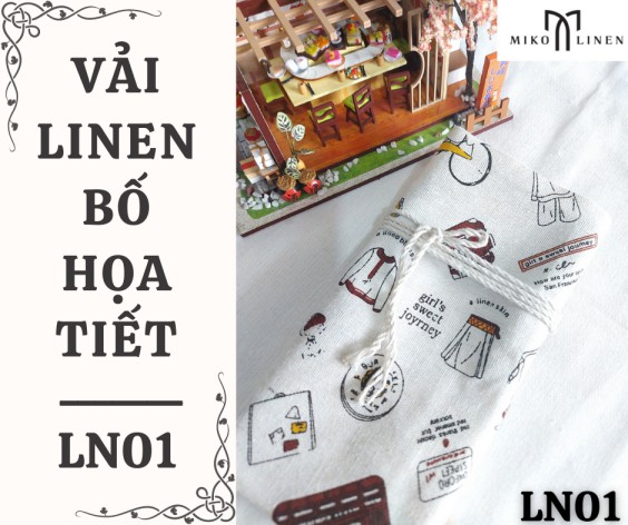 Vải linen bố họa tiết hành lí vintage- LN01