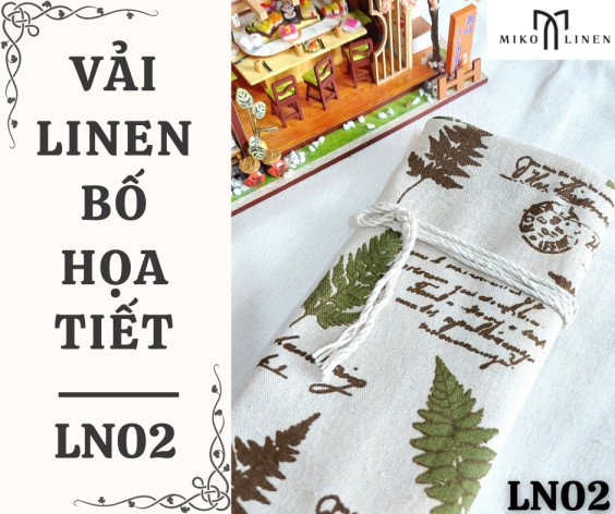 Vải linen bố họa tiết lá và chữ vinatge - LN02