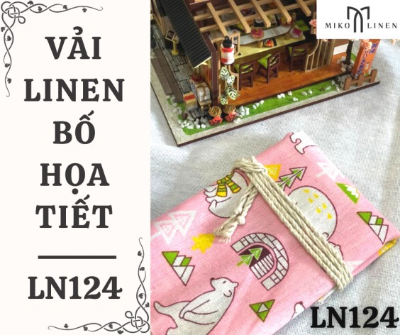 Vải linen bố họa tiết gấu bắc cực hồng - LN124