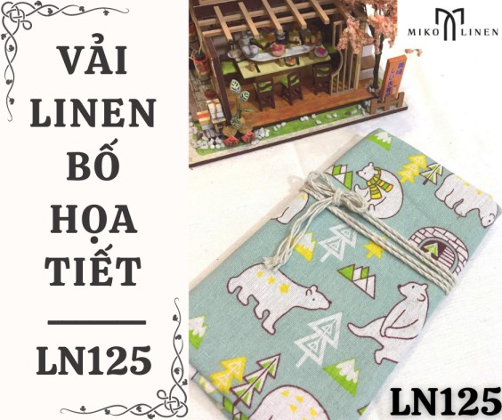 Vải linen bố họa tiết gấu bắc cực xanh - LN125