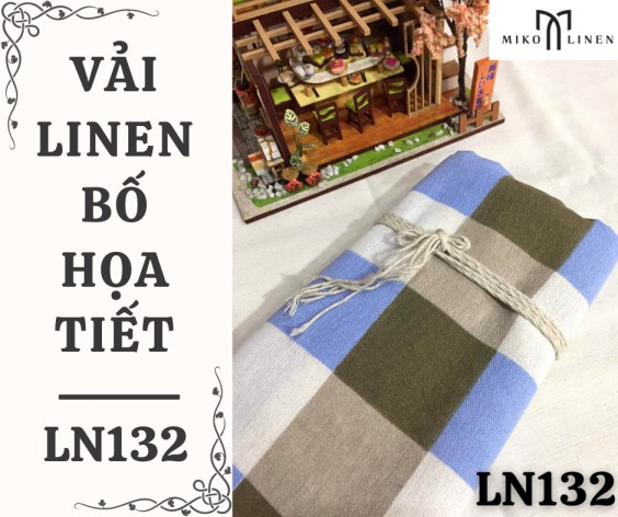 Vải linen bố họa tiết caro to xanh & nâu - LN132