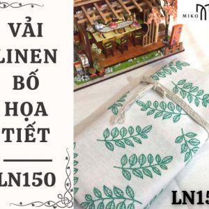 Vải linen bố họa tiết lá kép xanh nền trắng - LN150