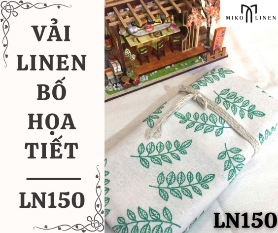 Vải linen bố họa tiết lá kép xanh nền trắng - LN150