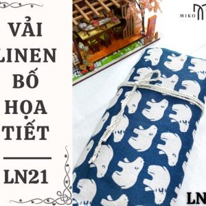 Vải linen bố họa tiết gấu trắng nền xanh - LN21