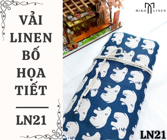 Vải linen bố họa tiết gấu trắng nền xanh - LN21