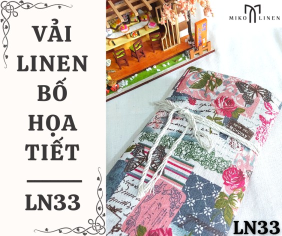 Vải linen bố họa tiết hoa hồng Pháp vintage - LN33