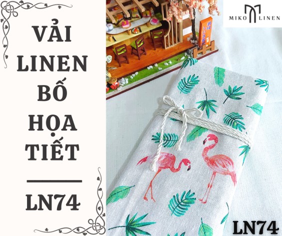 Vải linen bố họa tiết hồng hạc và lá - LN74