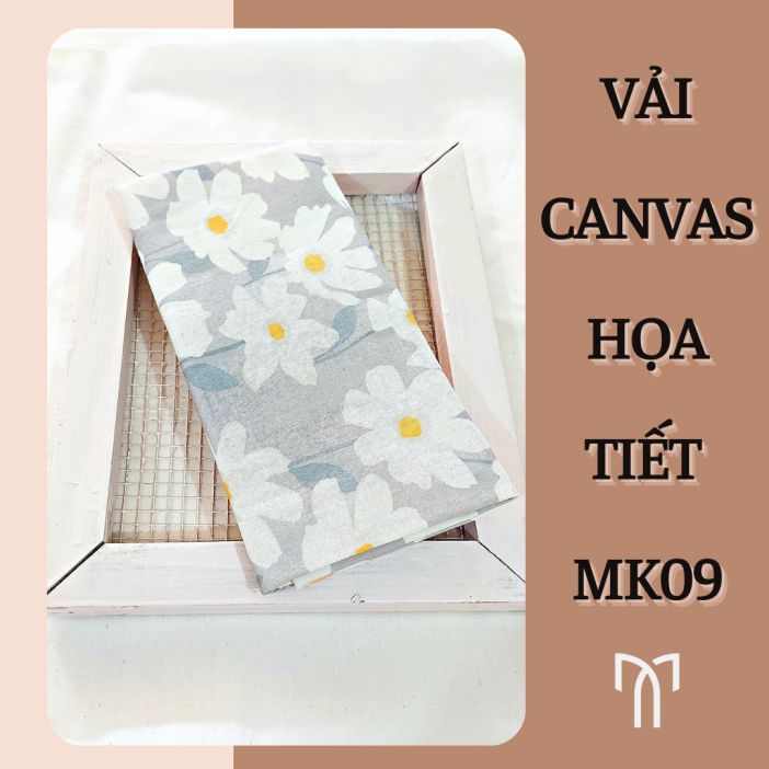 Vải canvas họa tiết hoa cúc nền xám - made by Mikolinen