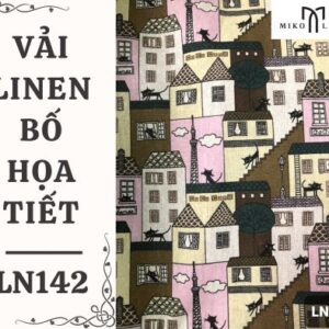 Vải linen bố họa tiết nhà & mèo hồng - LN142